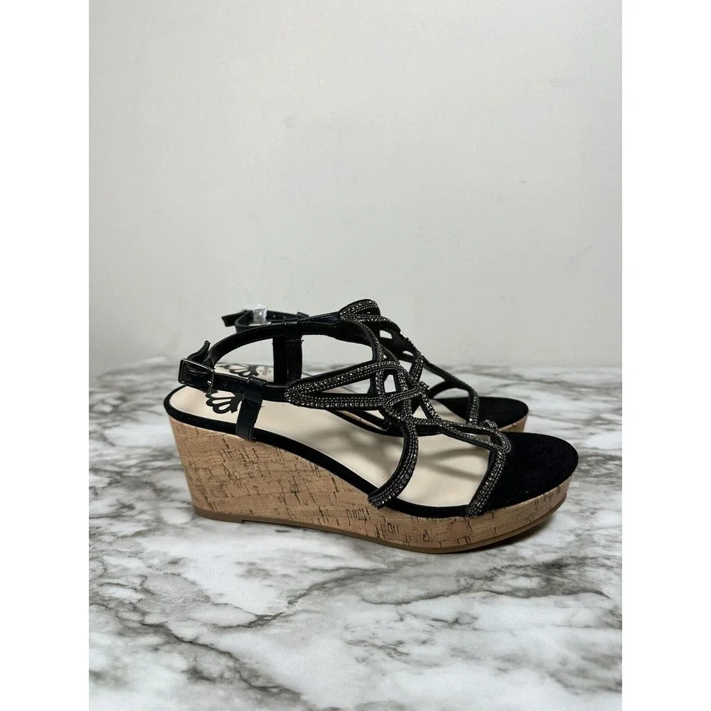 Fergalicious Mimic Wedge Sandals Women 6.5 Black Rhinestone Strappy Platform